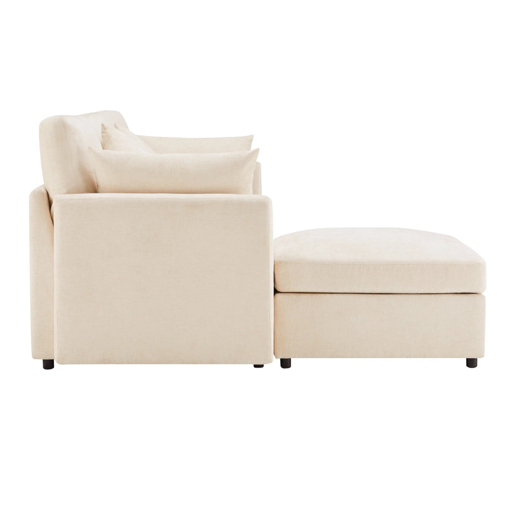 Divano angolare L convertibile in 3 posti - Zephmum - Modulare con pouf mobile e 4 cuscini in chenille, beige