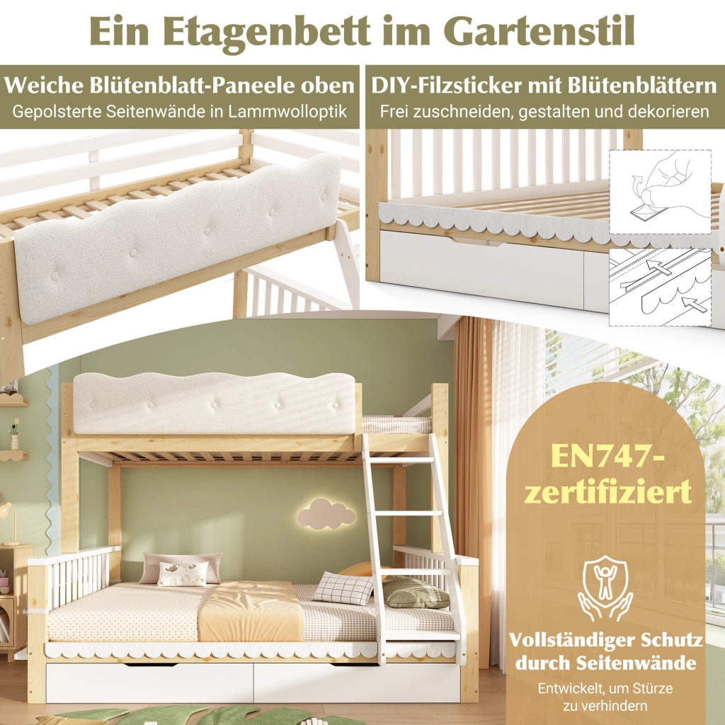 LETTO A CASTELLO 90x200/140x200 cm con cassetti e portariviste Bianco e Rovere
