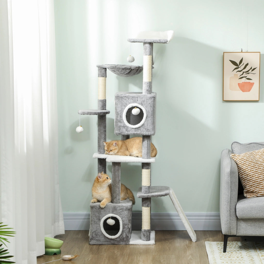 Arbre ¨¤ chat con 2 nicchie, piattaforme, amaca, scala e 4 pompon ¨C zephmum ¨C 165 cm grigio