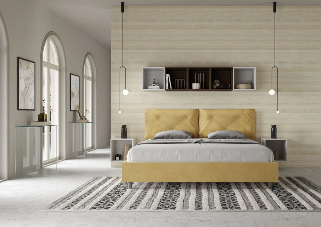 BS COM Letto matrimoniale king size con rete imbottito 190x200 microfibra ocra Large