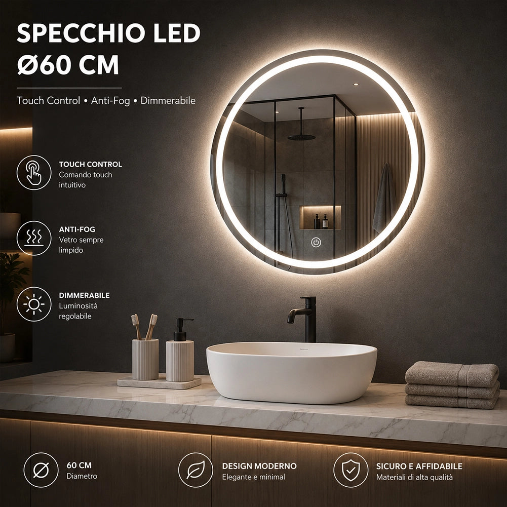 Specchio Rotondo Ø60cm LED a 3 Colori Dimmerabile Accensione Touch
