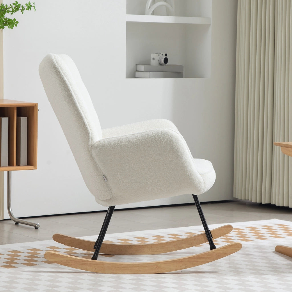 Poltrona dondolo con braccioli ¨C Xylo ¨C tessuto bianco, gambe legno