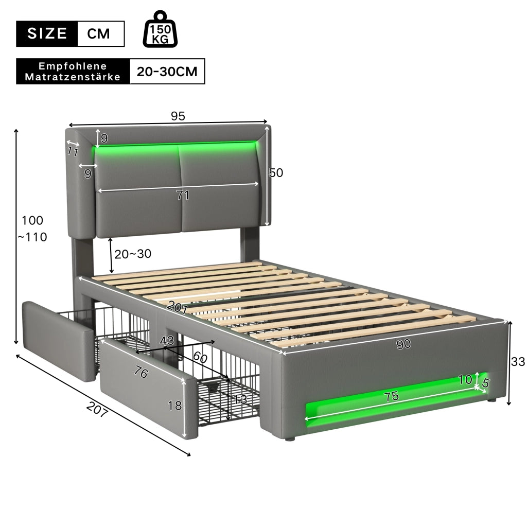 LETTO Polsterbett 90x200 cm con USB, LED e 4 cassetti, grigio