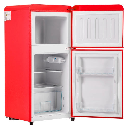 Frigorifero retro; congelatore; doppia porta; volume totale 60L; scompartimento congelatore da 22L; luce LED; efficiente energetico; rosso