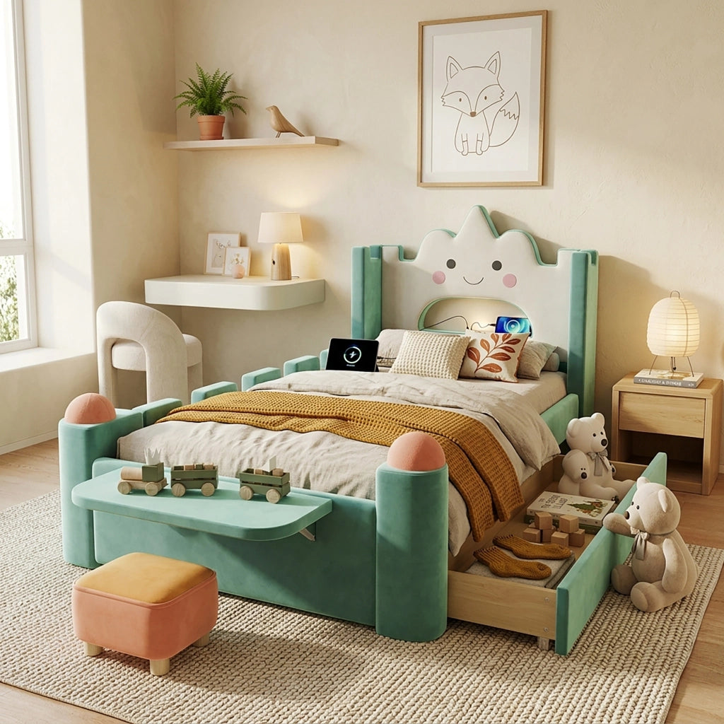 LETTO a nuvola con lampada da lettura e USB 90x200 cm velluto blu/verde