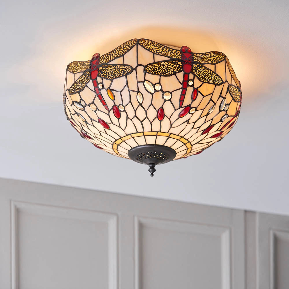 Plafoniera Tiffany vetro beige Libellule 2xE27 60W