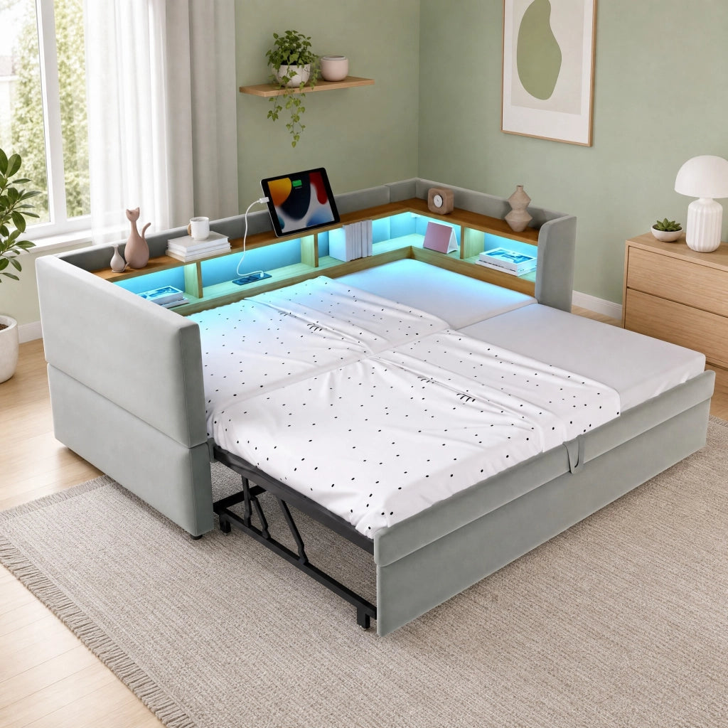 DIVANO LETTO Estraibile 90/180 x 190 cm Grigio Chiaro con LED e prese