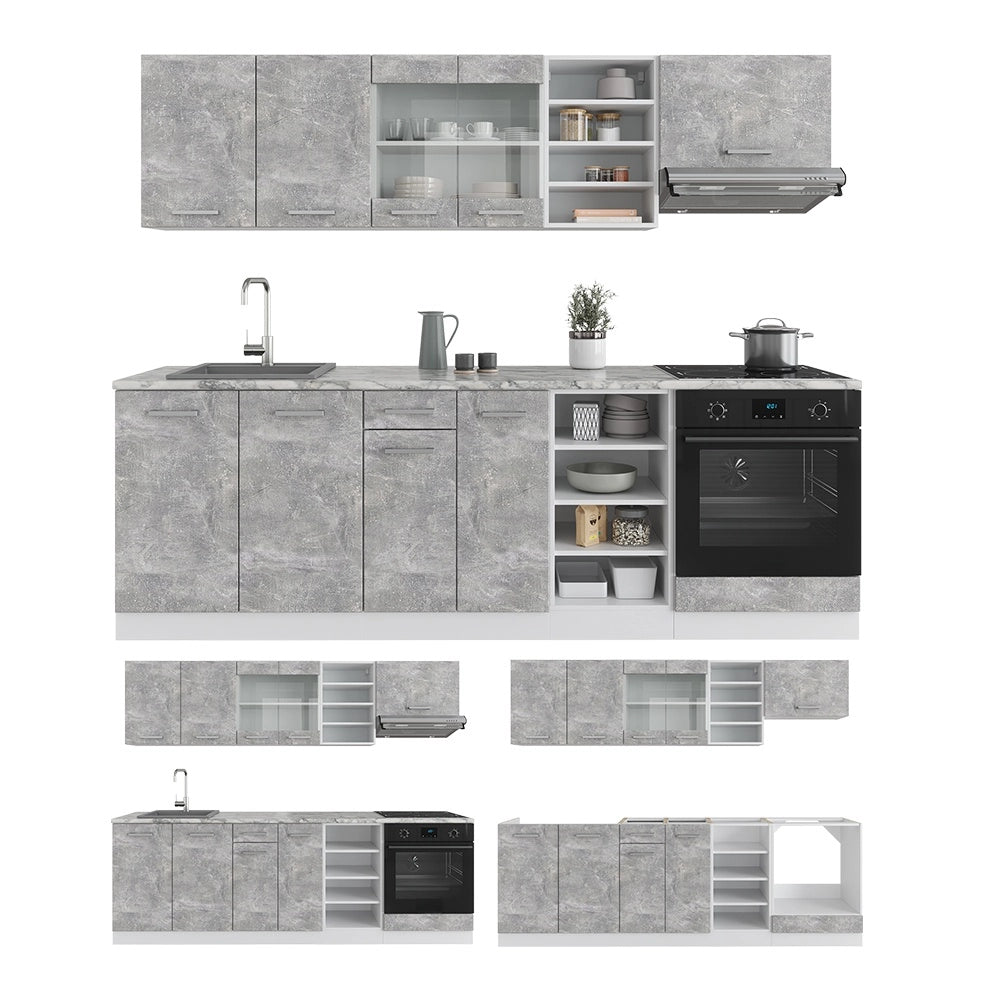 Cucina componibile R-Line Calcestruzzo/Bianco 240 cm, PL Marmo Vicco