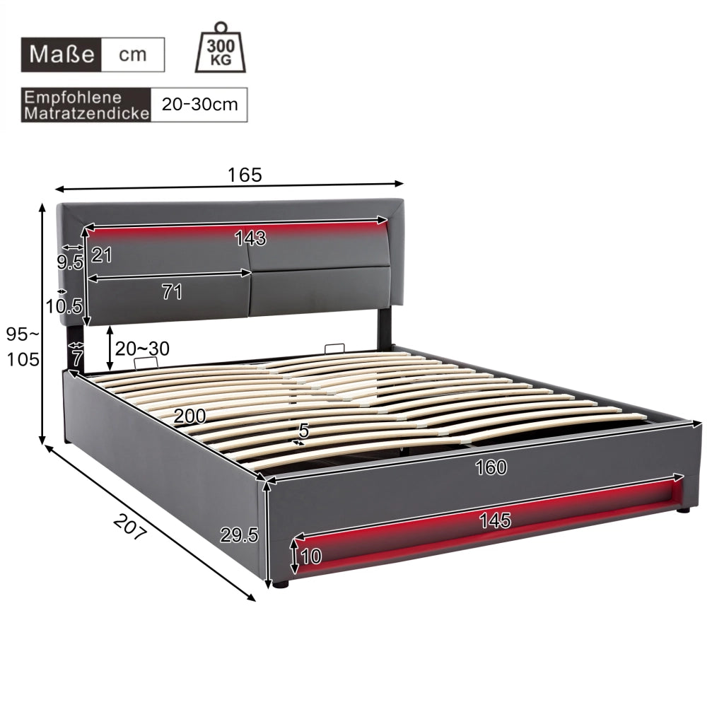 LETTO Imbottito 160x200 cm PU Grigio con USB, LED e contenitore