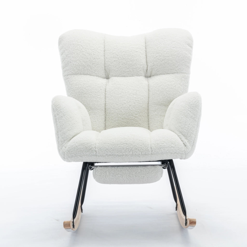 Poltrona a Dondolo Imbottita con Poggiapiedi ¨C MINIMAL ¨C Tessuto Boucl¨¦ Bianco