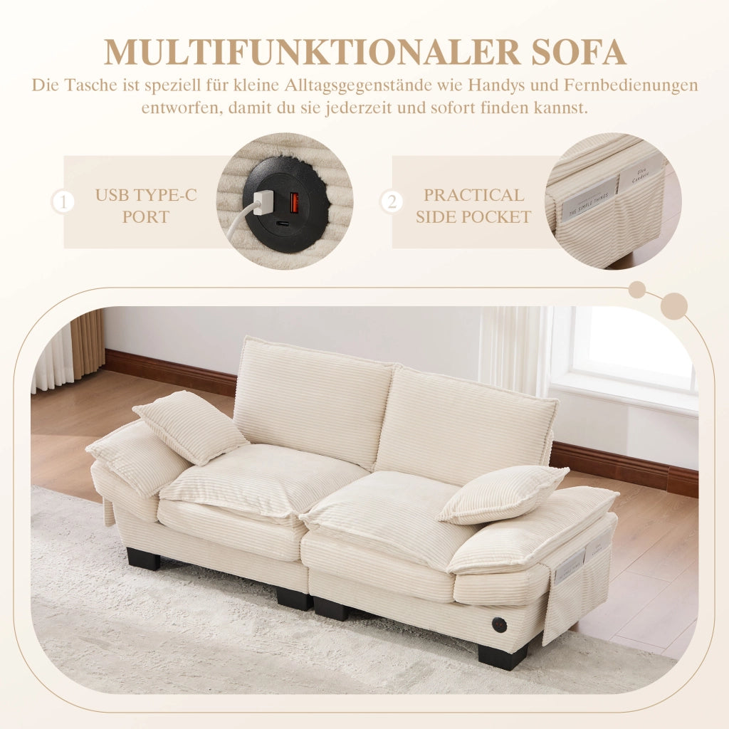 SOFA 2 POSTI 190x73x84 cm in Corduroy Beige con USB-C