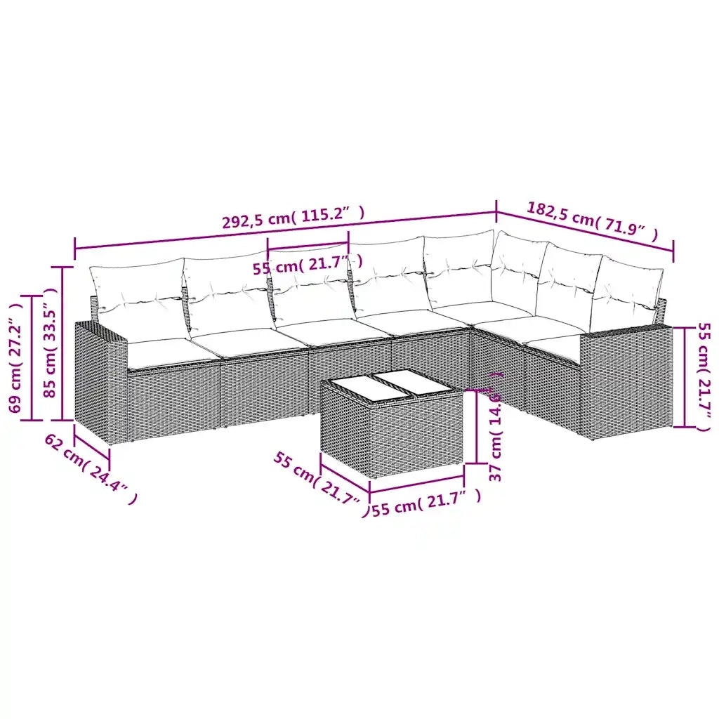 Set Divani da Giardino 8 pz con Cuscini Marrone in Polyrattan 3219053