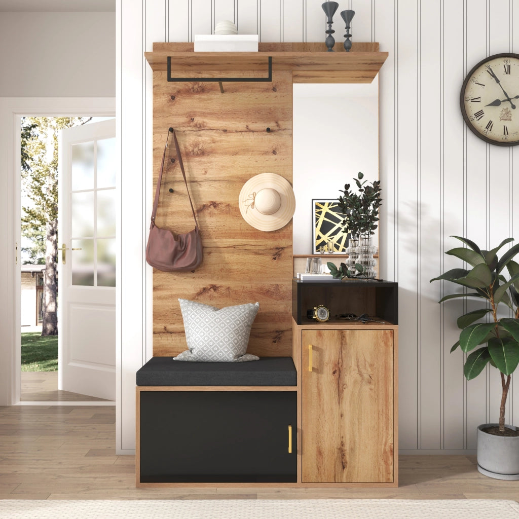 ARMADIO INGRESSO Set da 2 pezzi con specchio 105x40x191,5 cm Nero/Legno