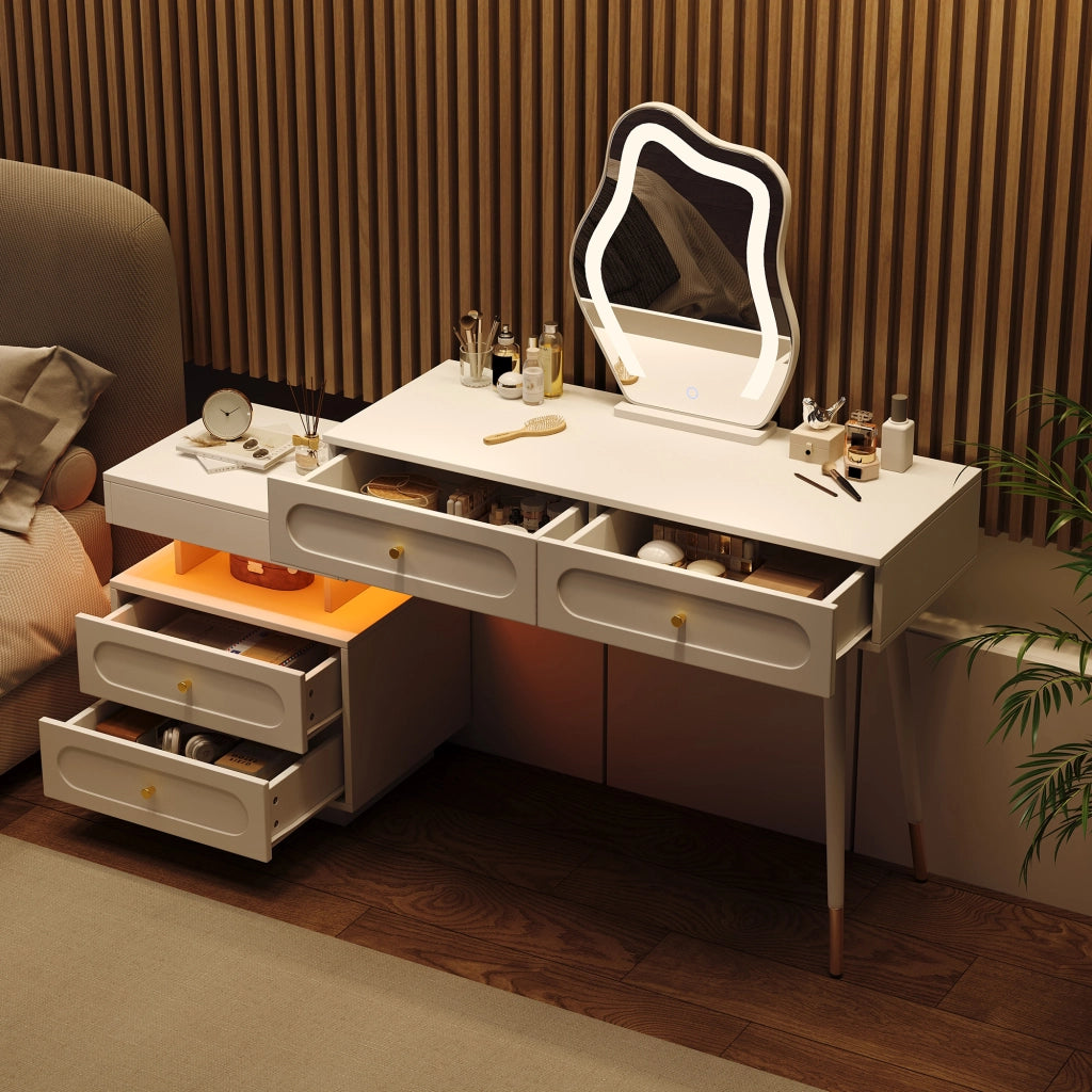 TOELETTA Con specchio LED 140x40x130 cm Bianco con 4 cassetti