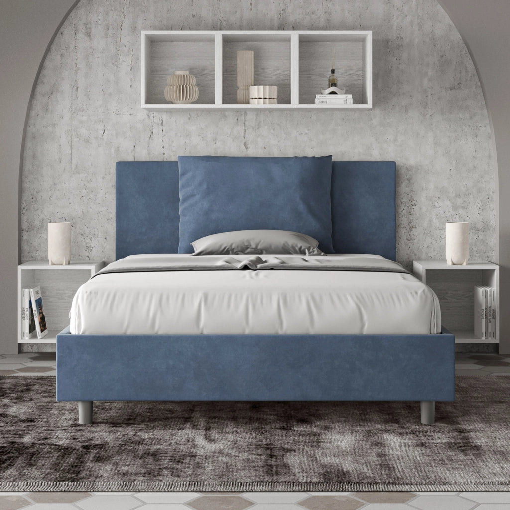 BS COM Letto una piazza e mezza contenitore imbottito 130x190 microfibra blu