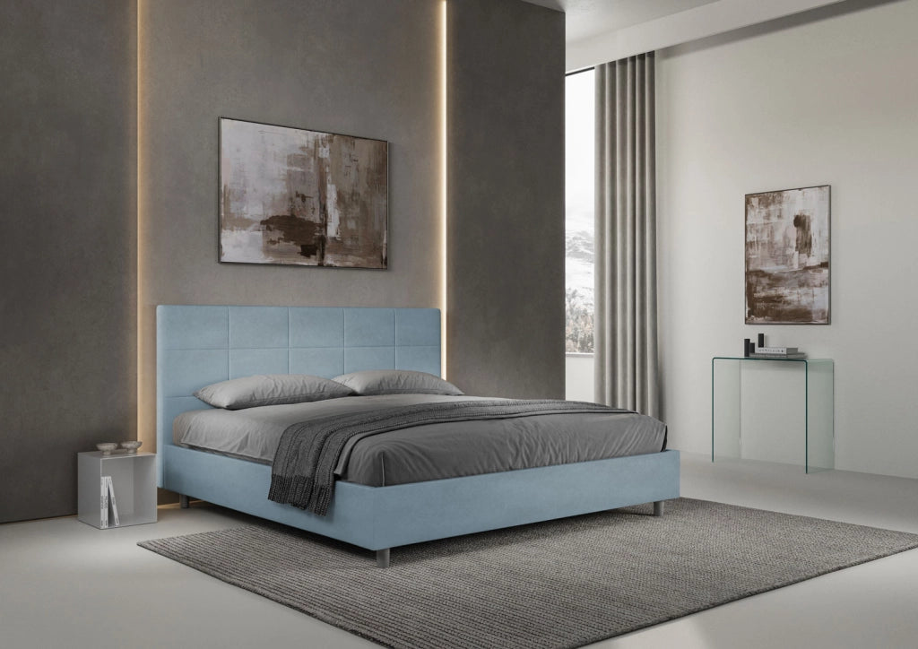 BS COM Letto matrimoniale king size con rete imbottito 180x210 microfibra azzurro