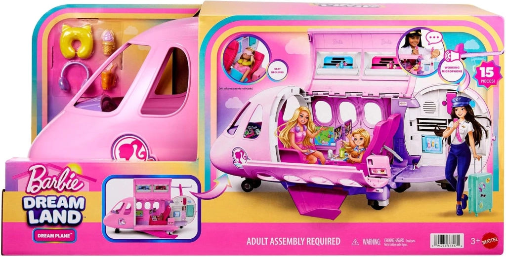 Barbie - Aereo dei Sogni, set con 3 aree di gioco e 14 accessori a tema inclusi, cabina principale, di pilotaggio e cuci