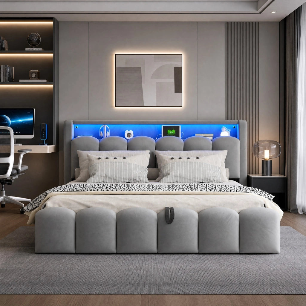 LETTO Contenitore 180x200 cm in velluto grigio con USB, USB-C e LED