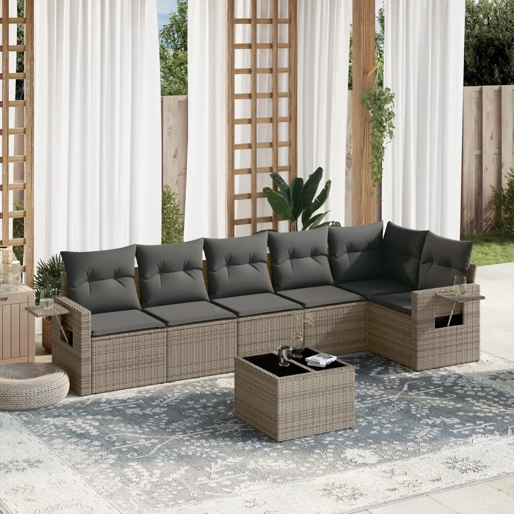 Set Divani da Giardino 7 pz con Cuscini Grigio in Polyrattan