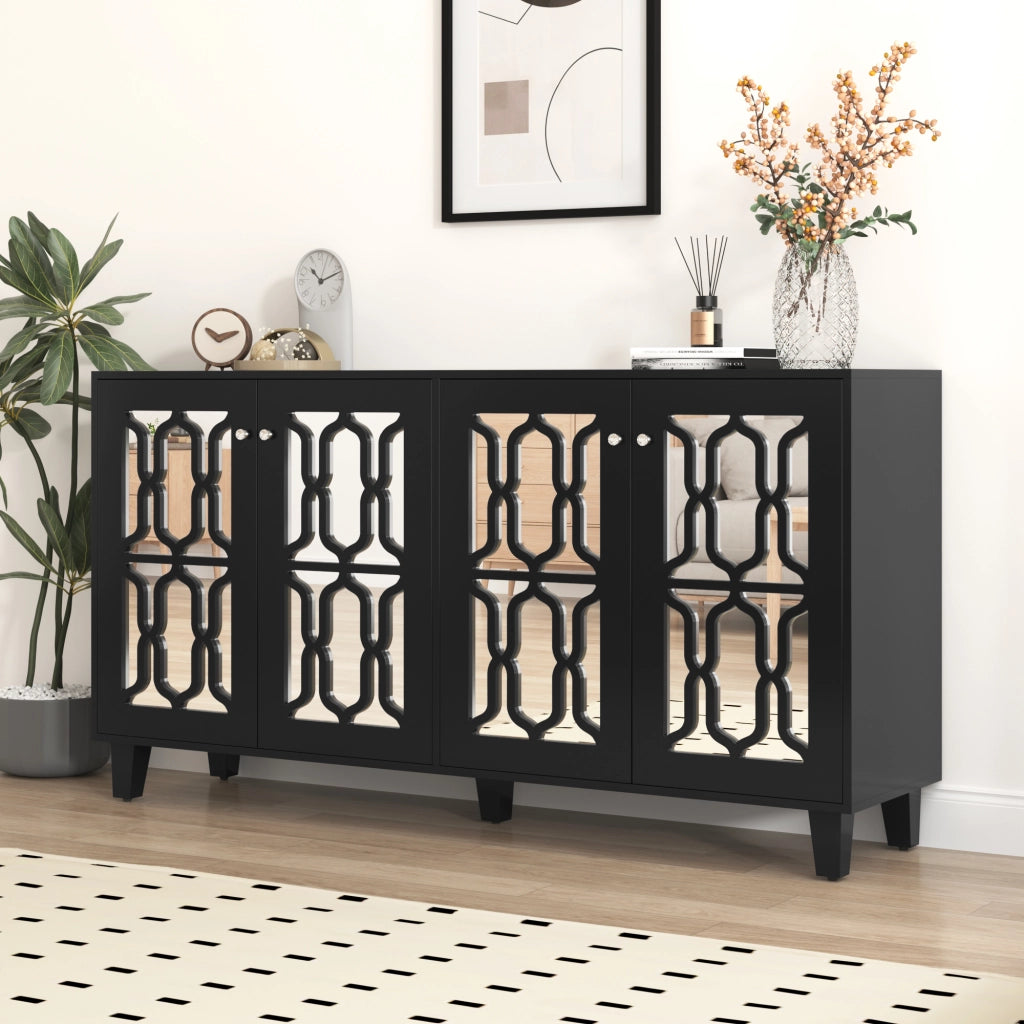 Credenza a 4 Ante con Specchio ¨C MINIMAL ¨C Nero, 160x40x84 cm