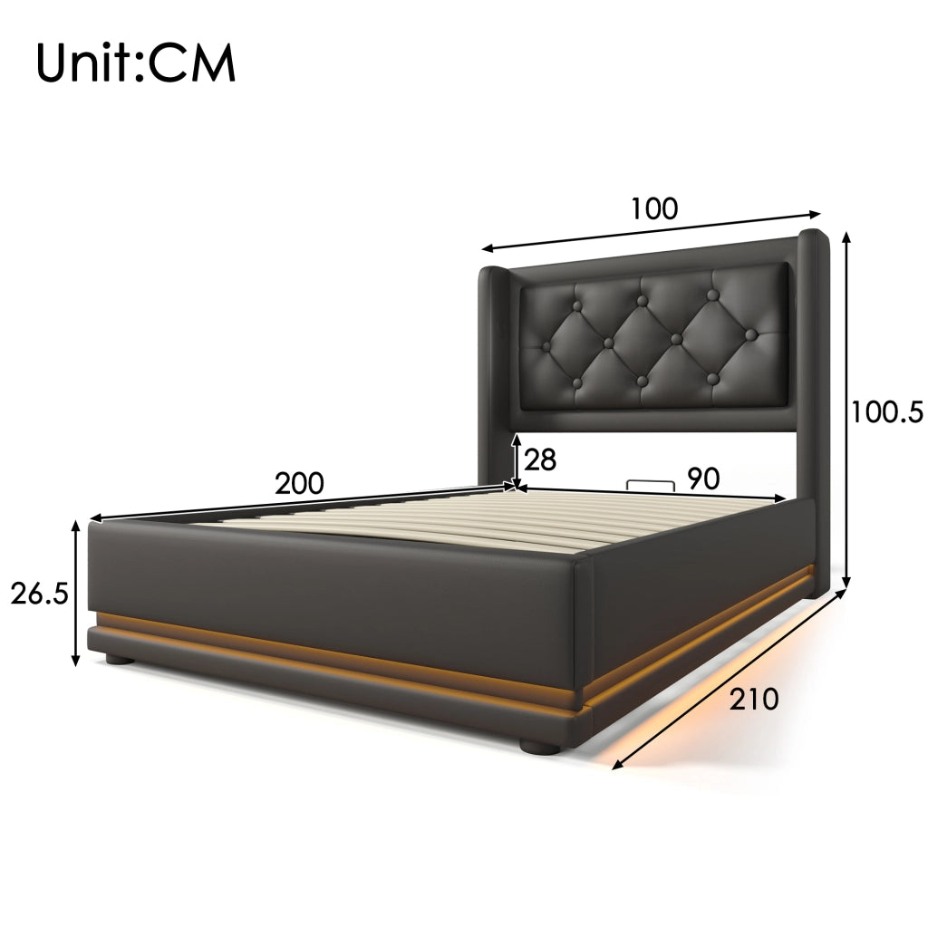 LETTO contenitore 90x200 cm PU nero con USB Type-C e LED a 3 lati
