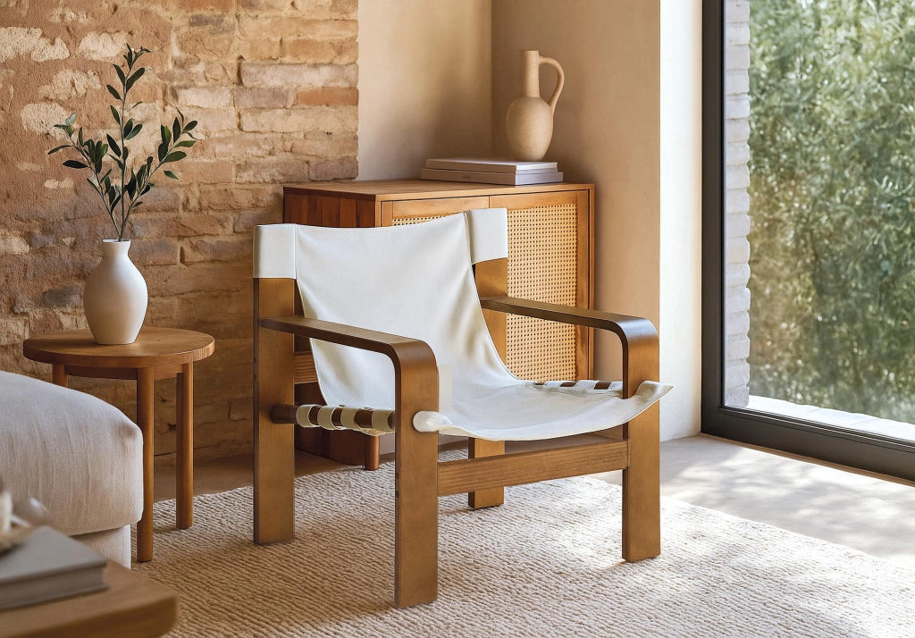 Poltrona moderna in legno di caucciù con tessuto beige