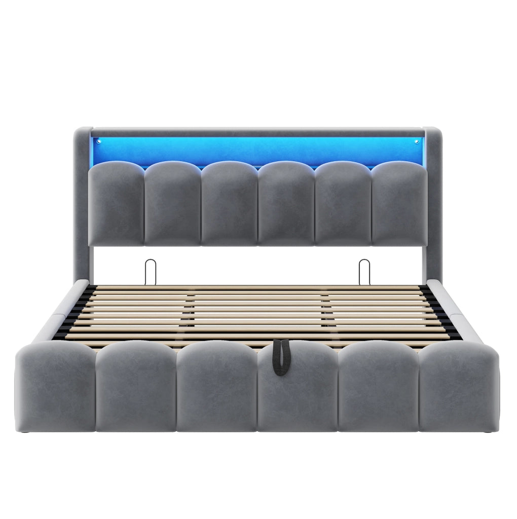Letto imbottito matrimoniale 180x200 con contenitore, LED e porte USB/C