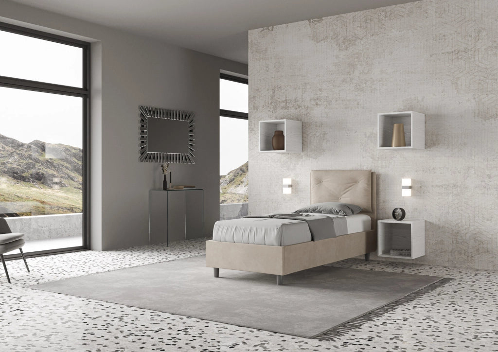 BS COM Letto singolo con rete imbottito 90x190 microfibra sabbia