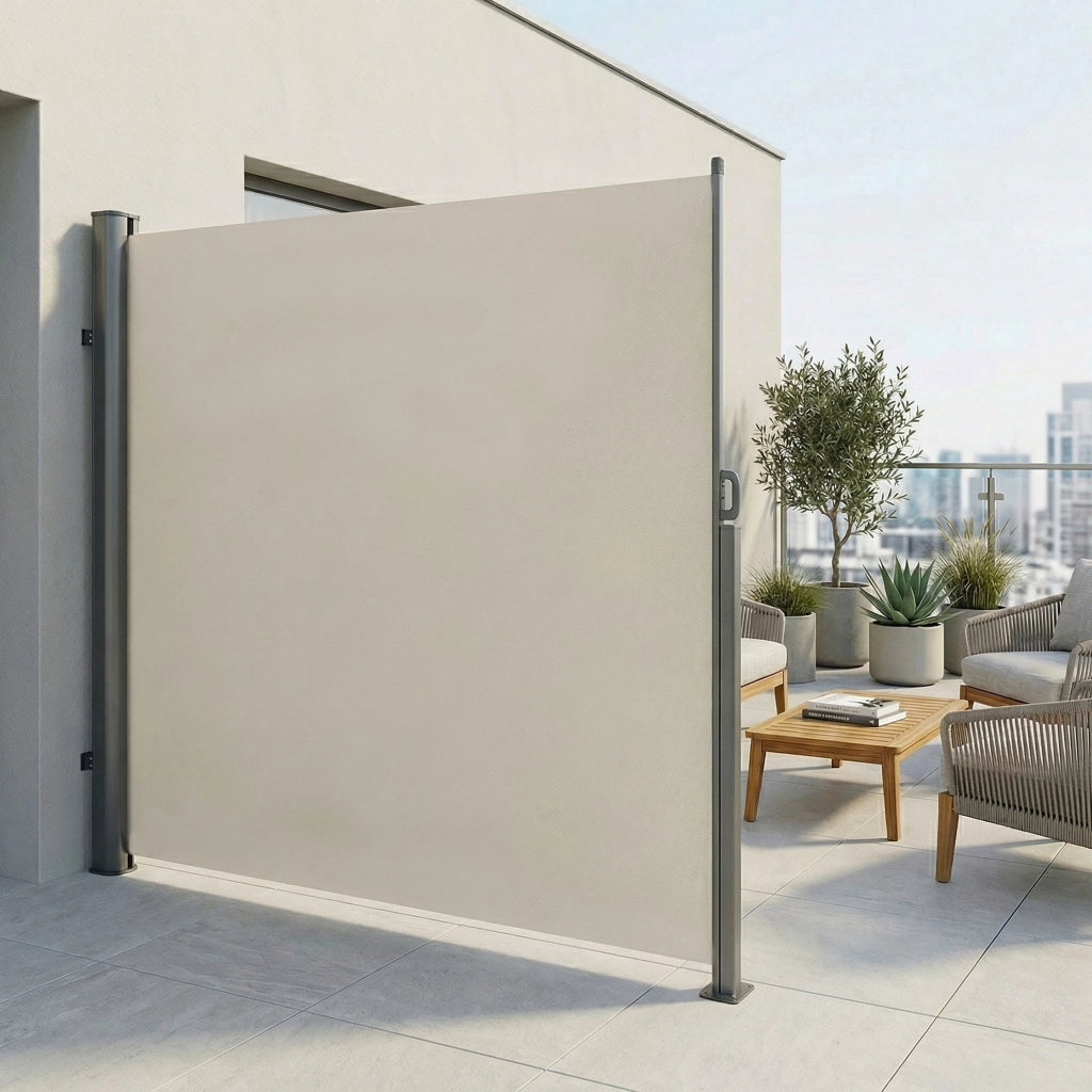Tenda laterale 300x180H cm. Separè frangivento con sistema di riavvolgimento automatico. Telaio in Alluminio. Colore Beige