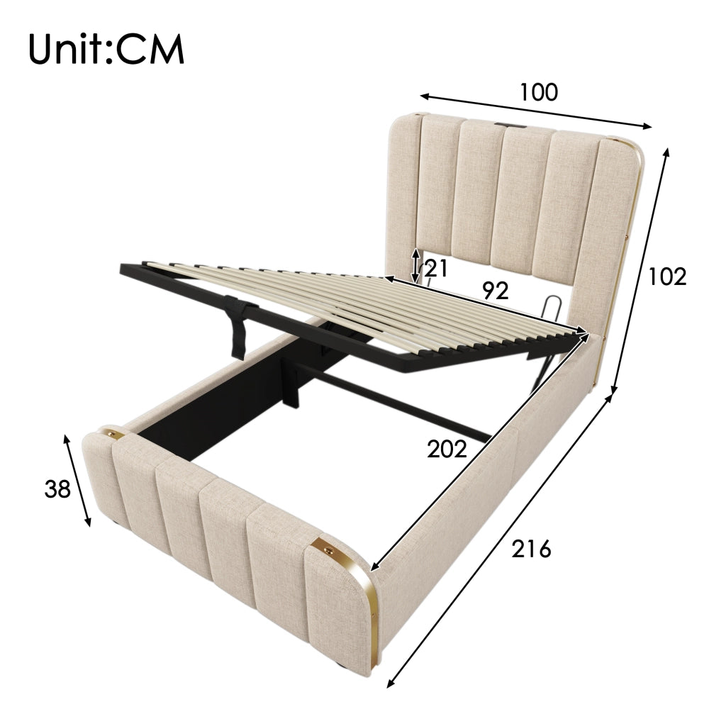 LETTO Contenitore 90x200 cm in Lino Beige con USB Type-C