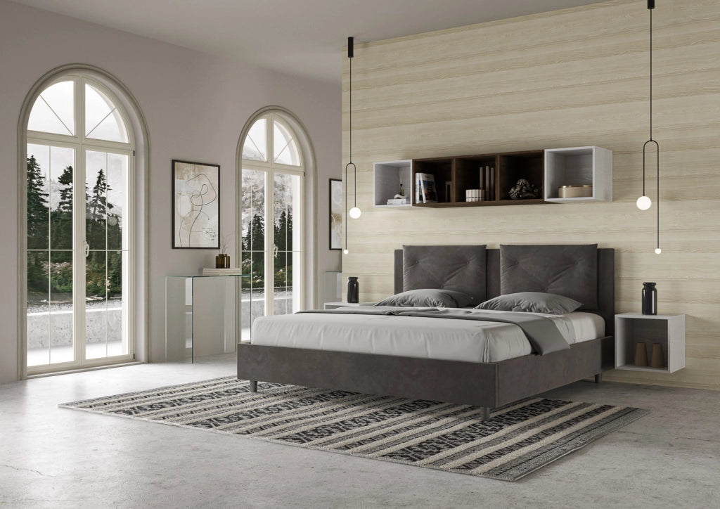BS COM Letto matrimoniale king size con rete imbottito 190x210 microfibra grigio