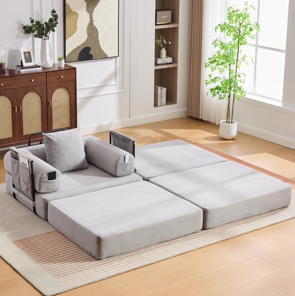 Divano modulare in corduroy con pouf; tasca laterale e cuscino; grigio chiaro 112x190x67 cm