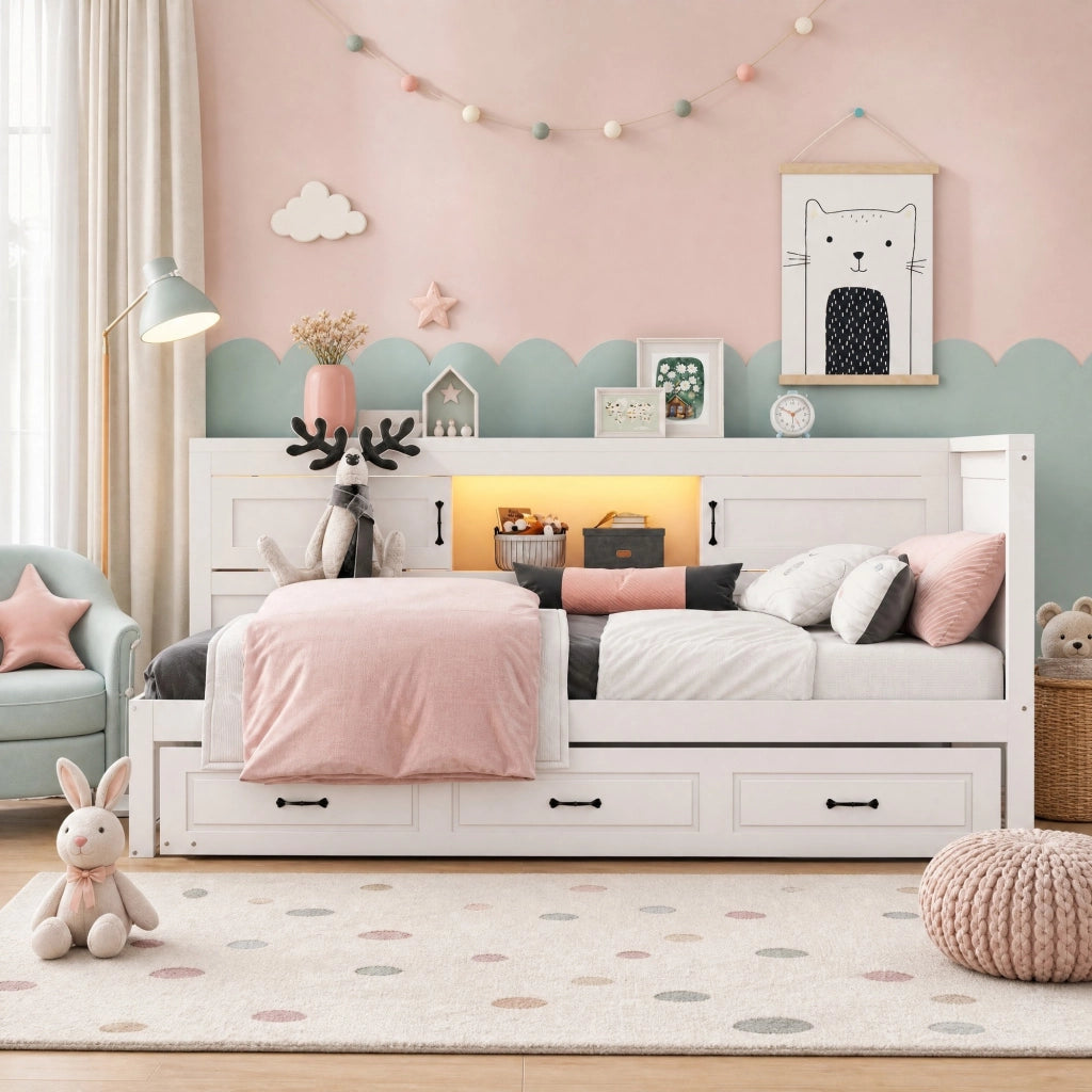 LETTO Divano letto estraibile 90x200 cm Bianco con LED, prese e USB
