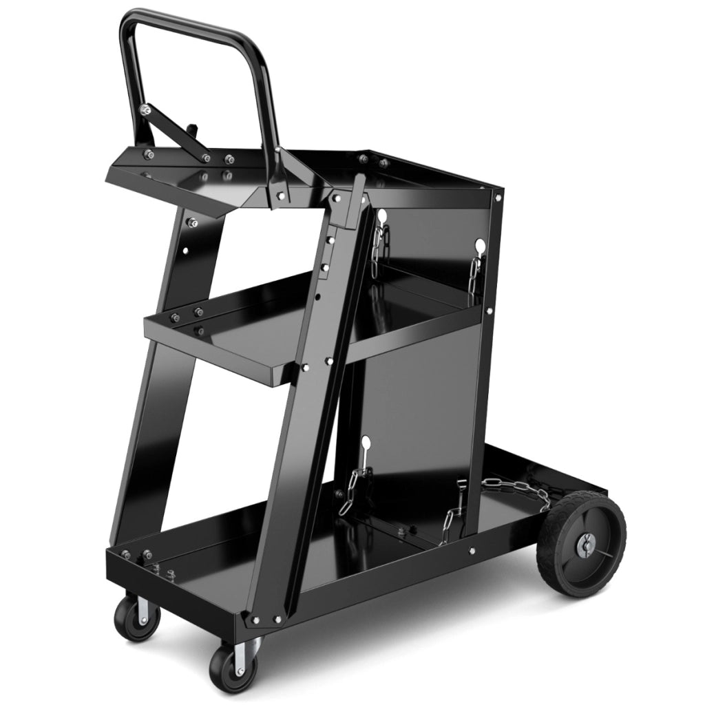 Carrello per saldatore con tavolo inclinabile e 4 ruote per serbatoio-Carrello da saldatura a 3 livelli con catene anti-ribaltamento Nero