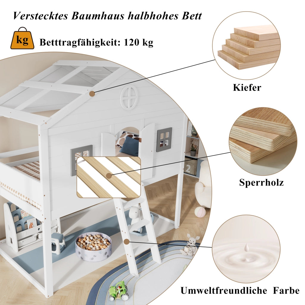 LETTO A SOPPALCO con scala 90x200 cm legno massello e MDF bianco e grigio