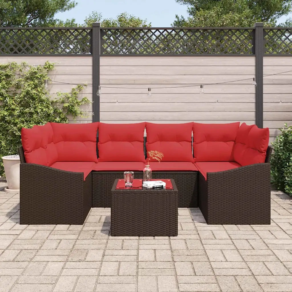 Set di divani 7 pz 3-Numero di posti Marrone e Rosso polyrattan 3346624