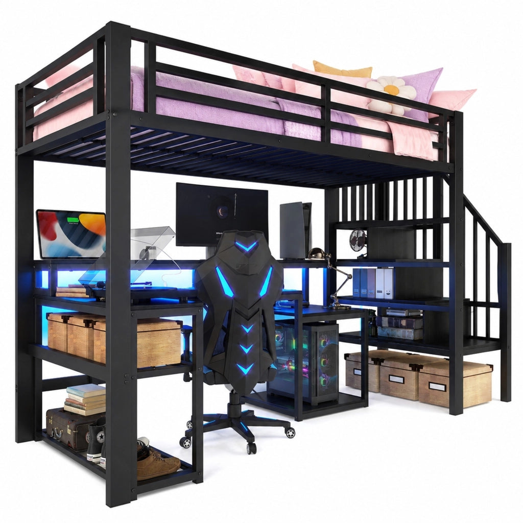 LETTO A SOPPALCO 90x200 cm Metallo e MDF Nero con scrivania USB