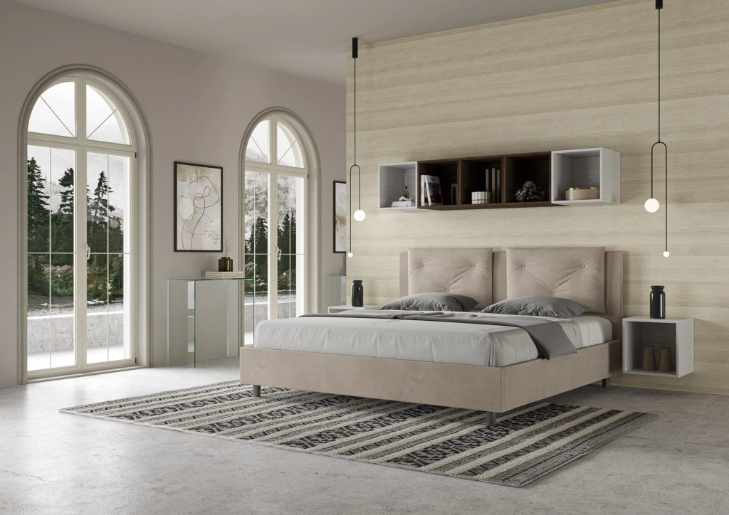 BS COM Letto matrimoniale king size con rete imbottito 190x200 microfibra sabbia