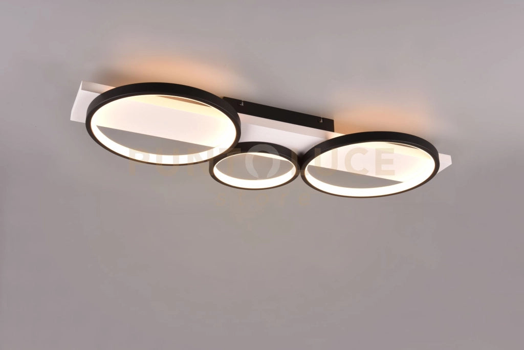 MEDERA PLAFONIERA 3 CERCHI METALLO NERO BASE LEGNO BIANCO CON DIMMERAZIONE AD INTERRUTTORE L. 80CM LED 33W 3800lm, 3000K