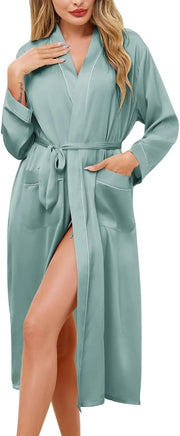 Kimono da camera per donne con collo V, colore grigio-verde, modello S