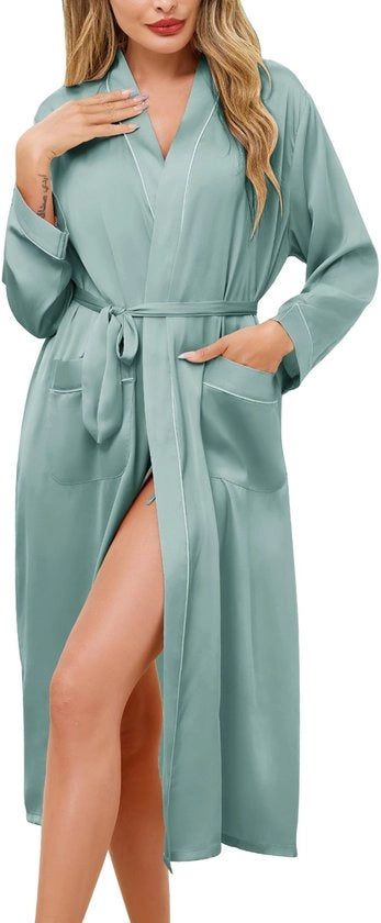 Kimono da camera per donne con collo V, colore grigio-verde, modello S