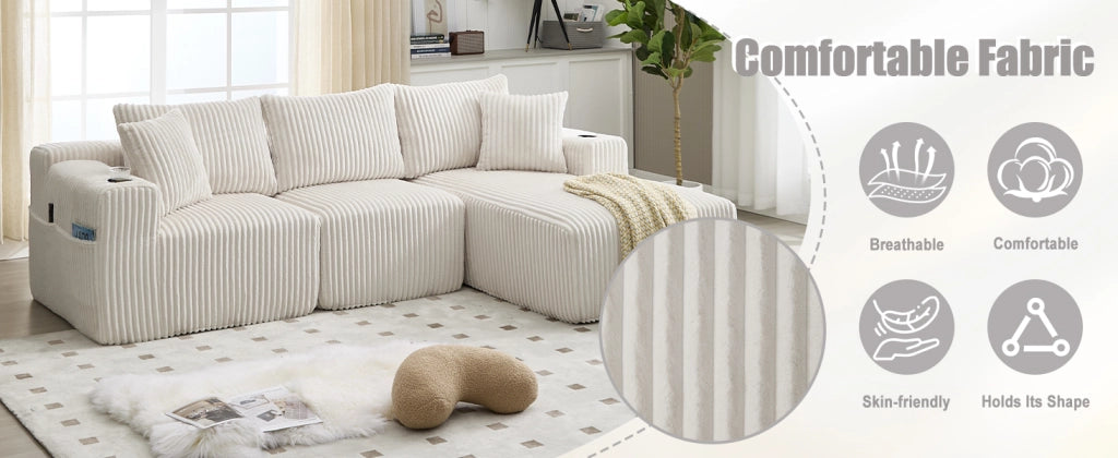 Divano Modulare con Chaise Longue e 2 Posti ¨C MINIMAL ¨C Velluto a Coste, Cuscini, Portabicchieri