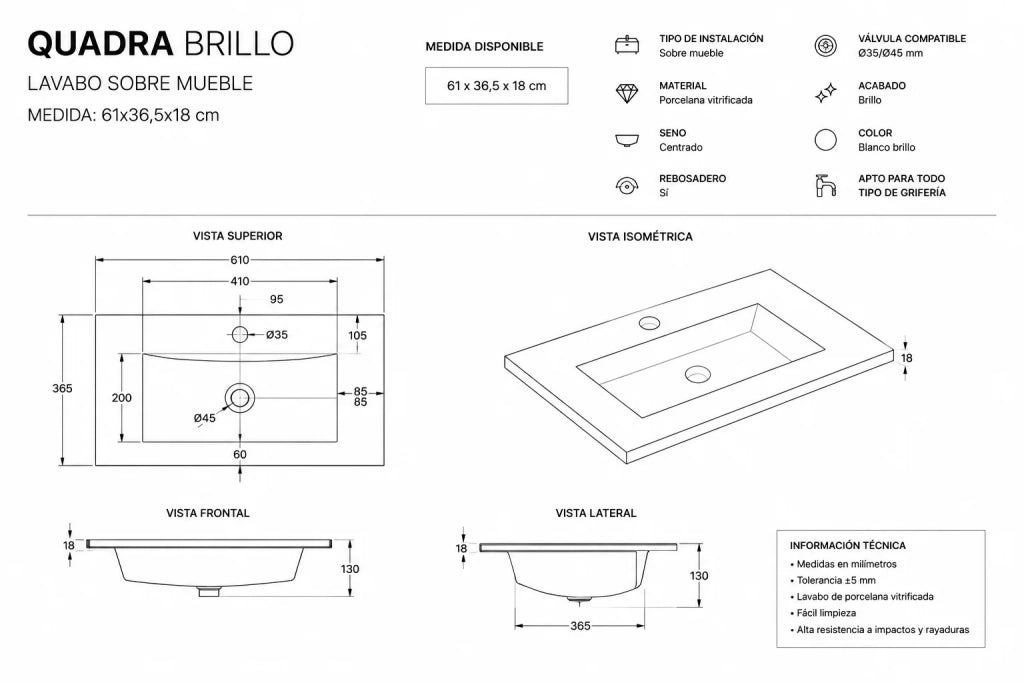 Mobile bagno con lavabo ORIGENBATH SAMOS senza specchio 60x35 cm bianco