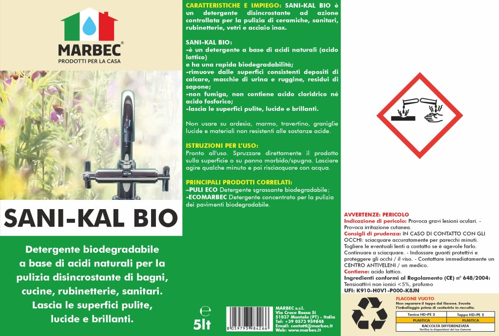 Detergente anticalcare delicato, pulizia efficace e brillantezza duratura Marbec SANI-KAL BIO - 5LT