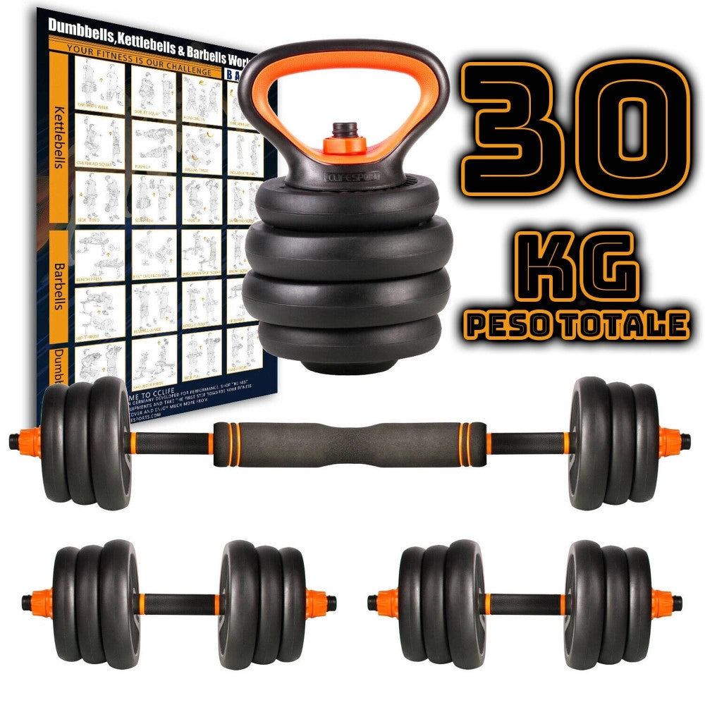 Trade Shop - Set 6in1 Multifunzione Peso 30 Kg Manubri Con Bilanciere E Kettlebell Componibile -