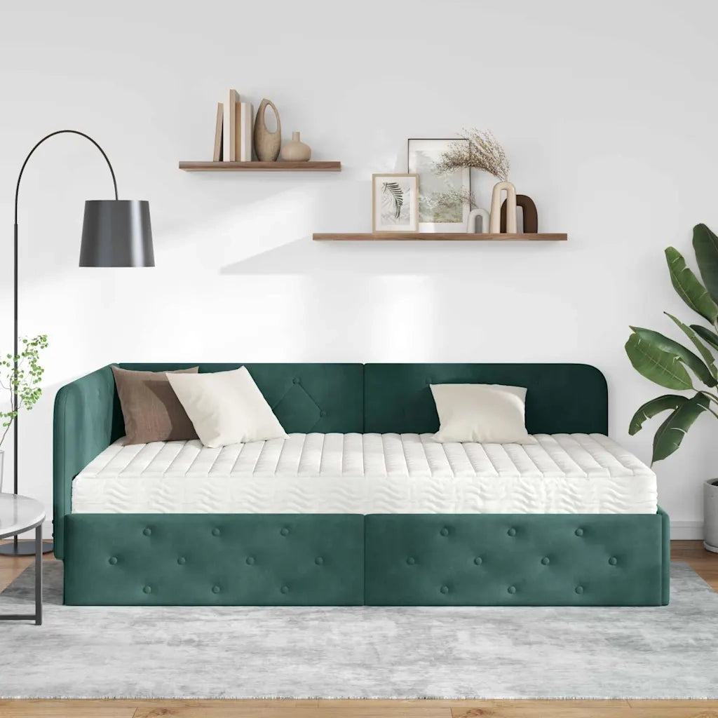 Cornice del letto ad angolo Verde Scuro 90 x 190 cm Velluto