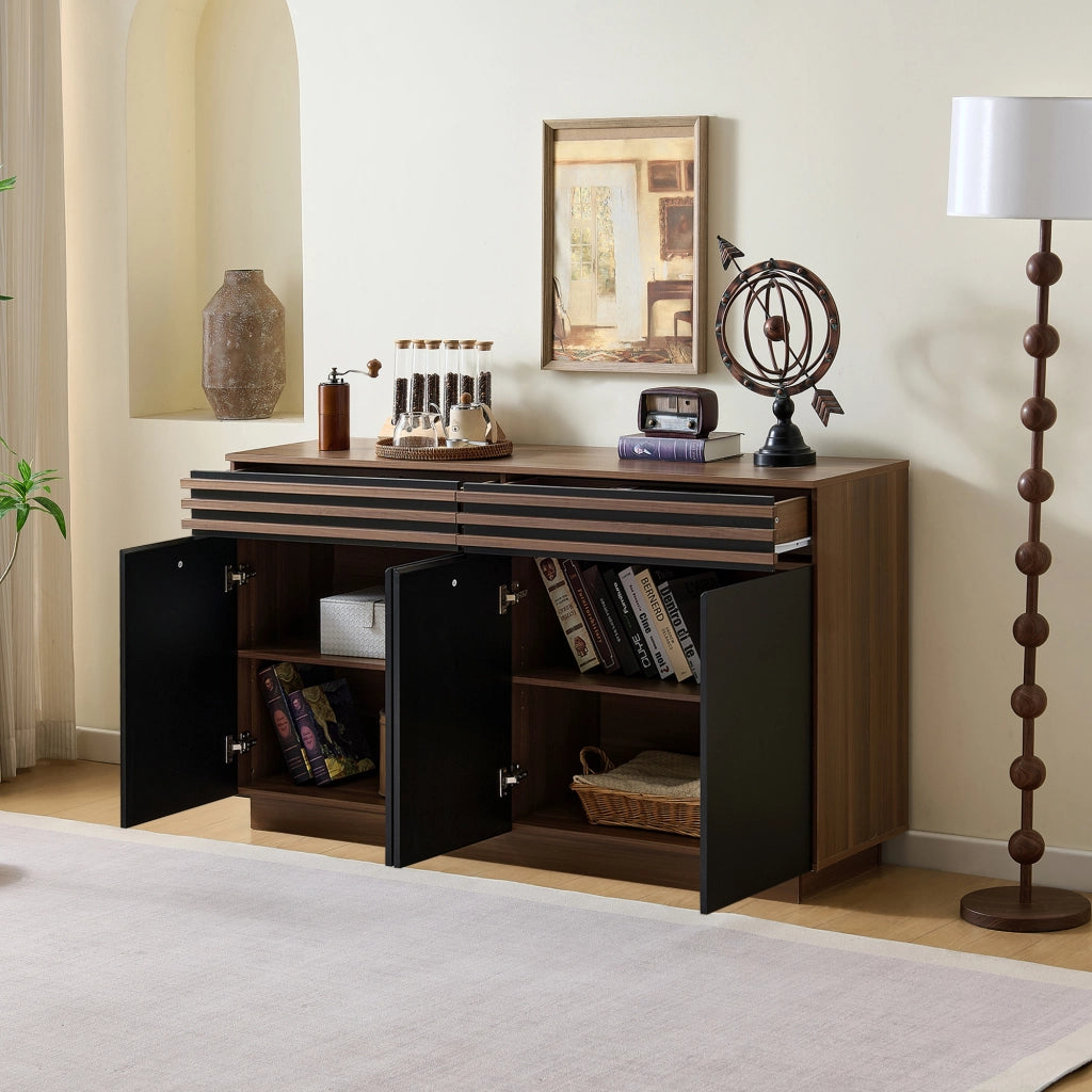 Madia con 2 cassetti e 4 ante in MDF nero e marrone effetto legno per soggiorno cucina 150 × 40 × 85 cm