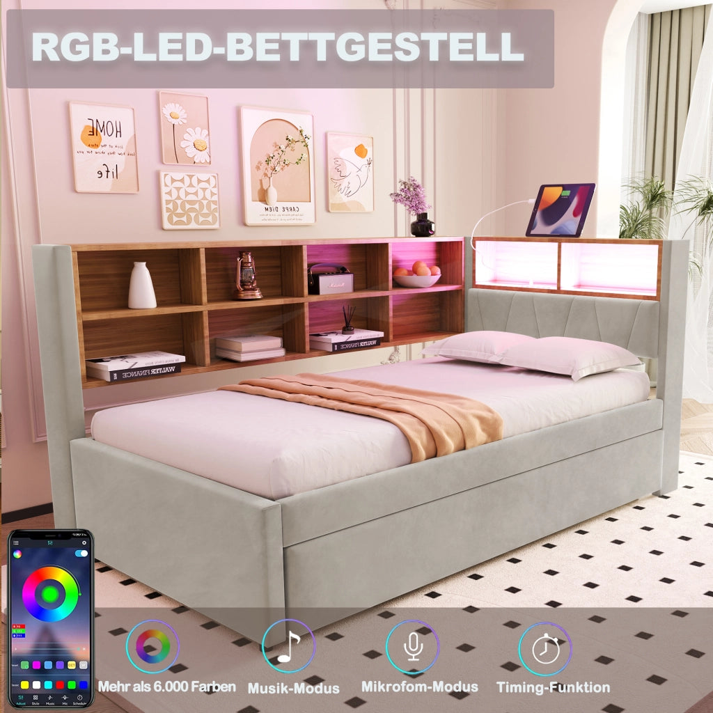 DIVANO LETTO Estraibile 90x200 cm Flanella Beige con LED e prese