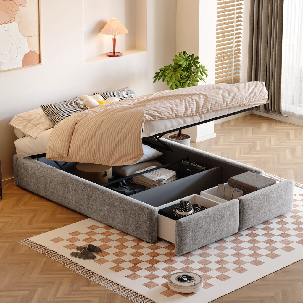 letto imbottito tessuto lino e cotone grigio 140 x 200 cm