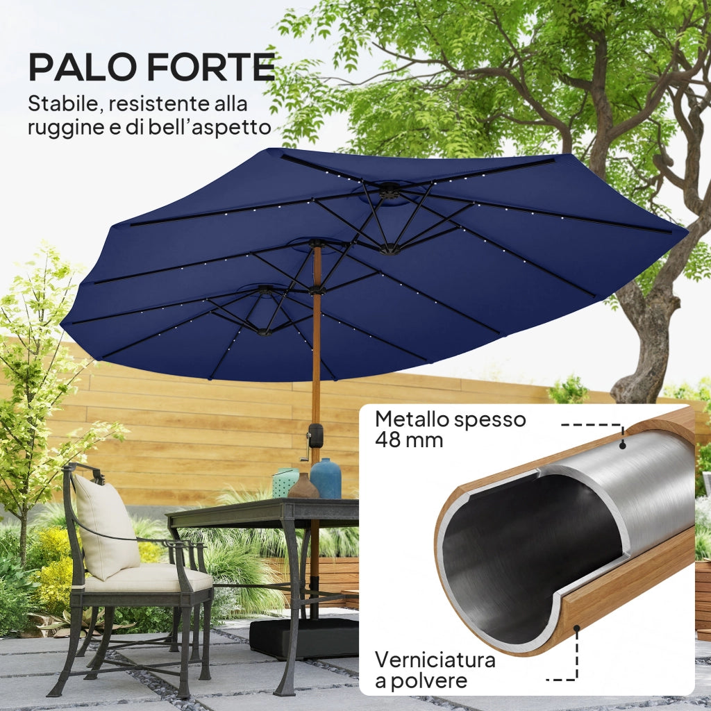 Ombrellone Doppio 467x281x238 cm a 12 Stecche con Manovella Base a Croce e Sacchi di Sabbia Blu Scuro